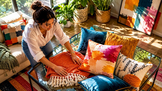 Woman arranging decorative accessories on table