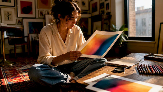 Woman examining limited edition print in sunroom