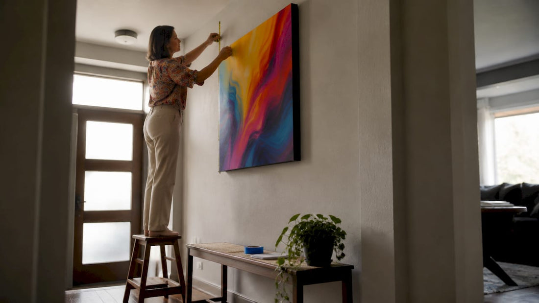 Woman measuring canvas art height on wall