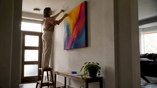 Woman measuring canvas art height on wall
