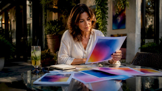 Woman reviewing colorful canvas art prints at table
