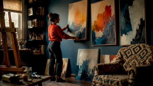 Interior designer arranging paintings in living room
