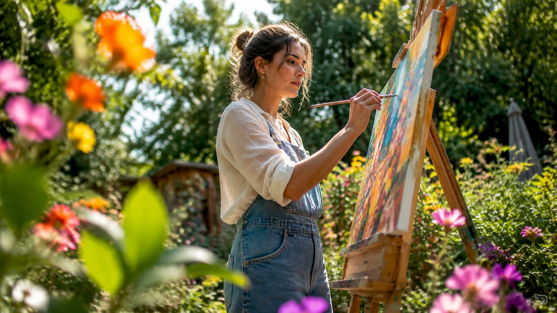 Artist painting complex layered artwork in studio