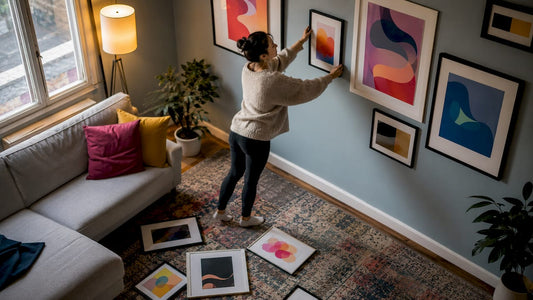 Woman arranging wall art in living room