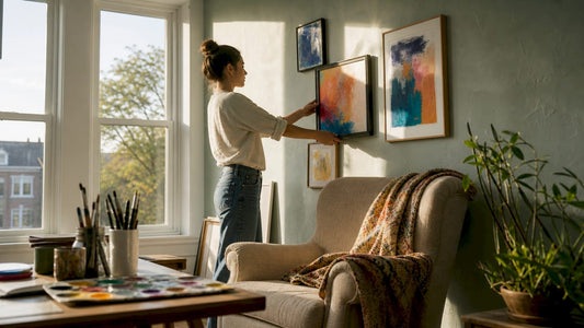 Woman arranging bedroom wall art above bed