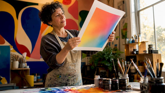 Person inspecting durable art print at home studio