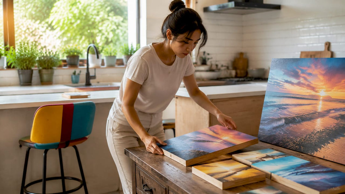 Woman arranging wood prints on shelf in living room