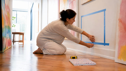 Woman marking wall art dimensions on living room wall
