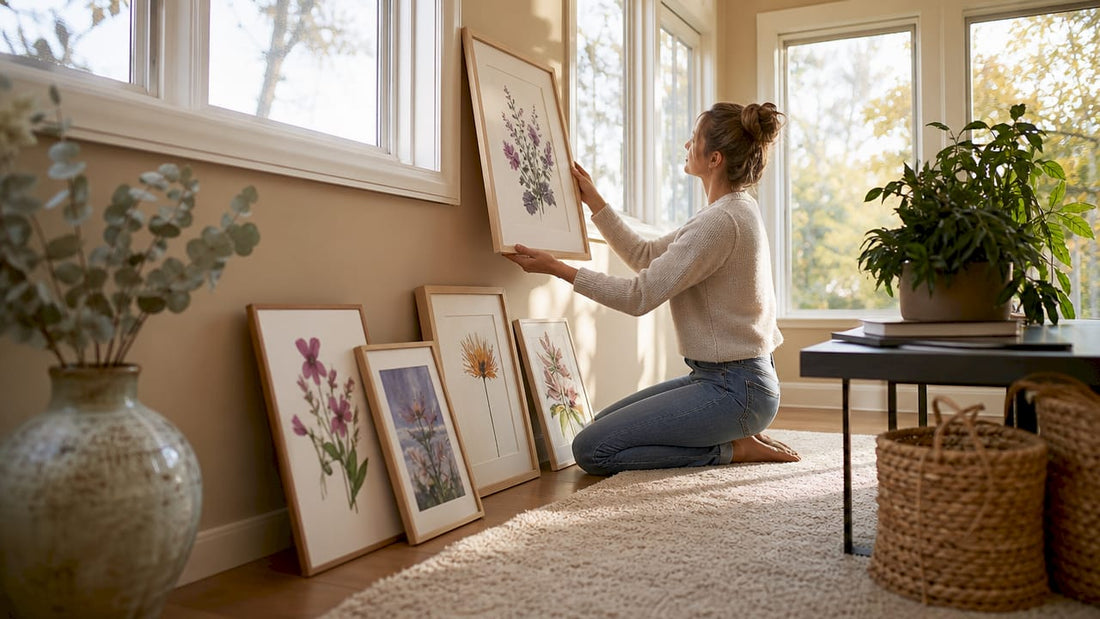 Woman hanging botanical art in living room