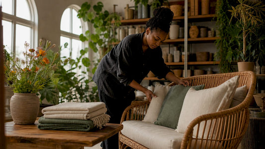 Woman styling sustainable living room decor