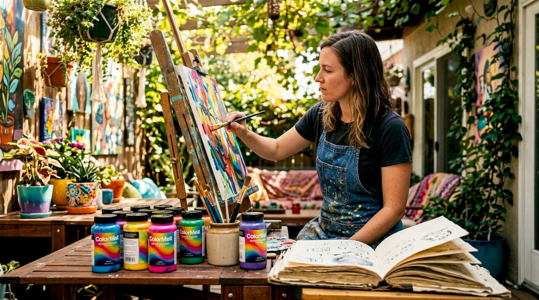 Artist mixing vibrant color paints at studio table