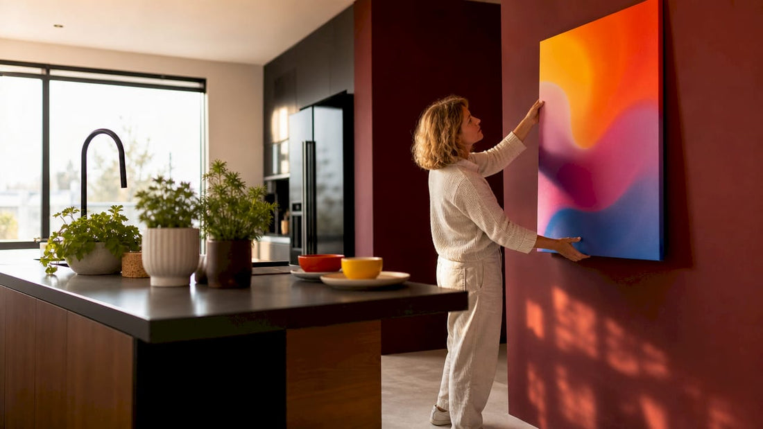 Woman arranging modern wall art in living room