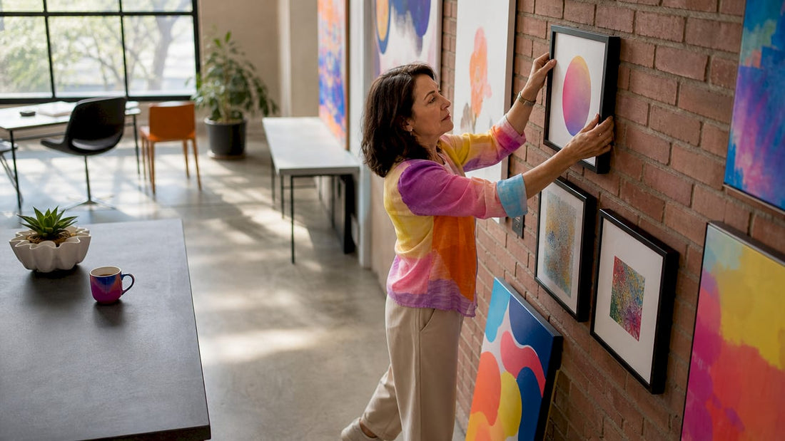 Woman installing customer art in café