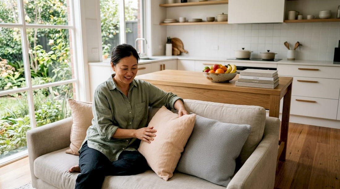 Woman styling warm earthy toned living room sofa