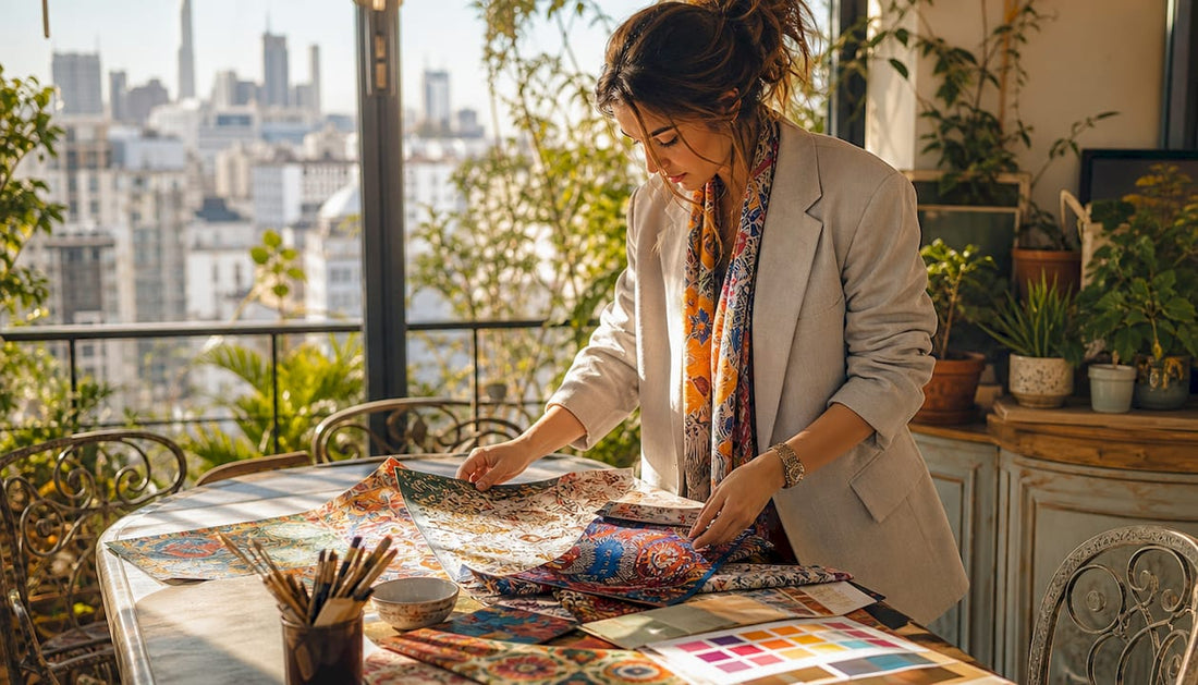 Interior designer reviewing decorative print samples
