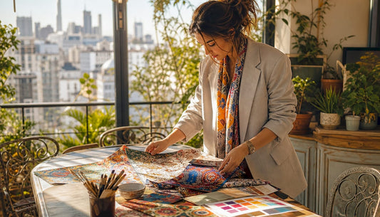 Interior designer reviewing decorative print samples