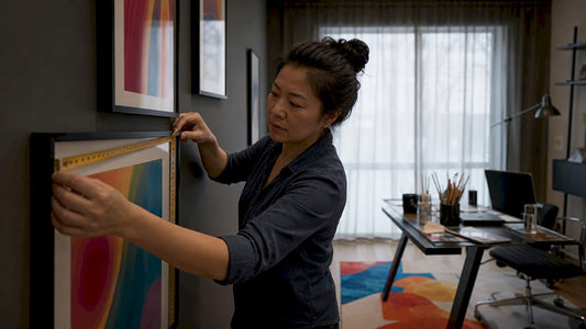 Woman arranging artwork on home gallery wall