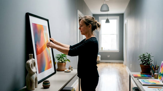 Woman framing quality art print at home