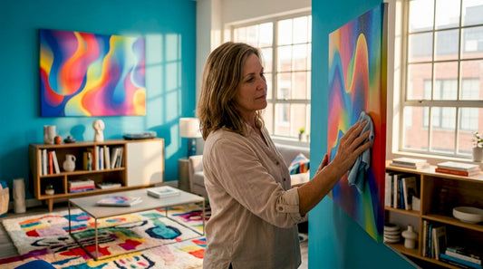 Woman gently dusting canvas print at home