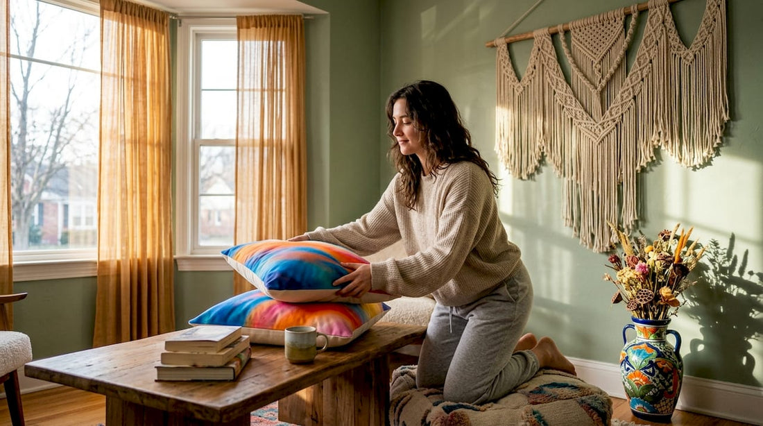 Living room with unique decor and woman arranging objects
