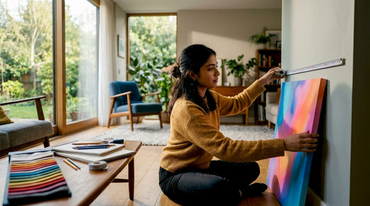 Woman measuring living room wall space