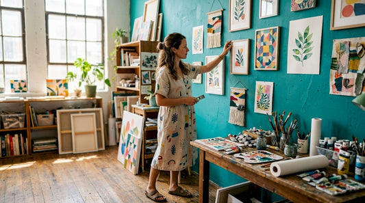 Woman arranging botanical and geometric wall art