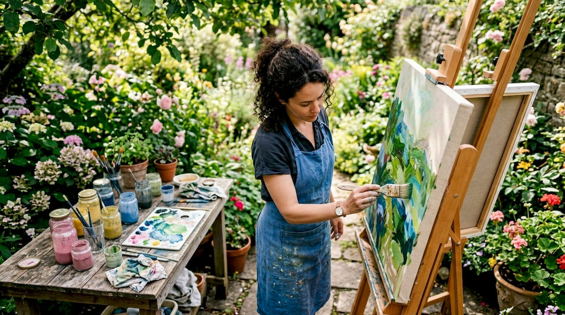 Female artist painting sustainably in sunny studio