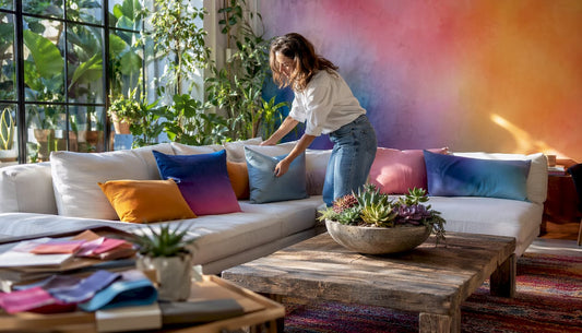 Woman styling sofa with decorative pillows