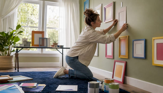 Woman placing wall decor template on living room wall