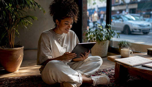 Person browsing vibrant wall art on tablet indoors