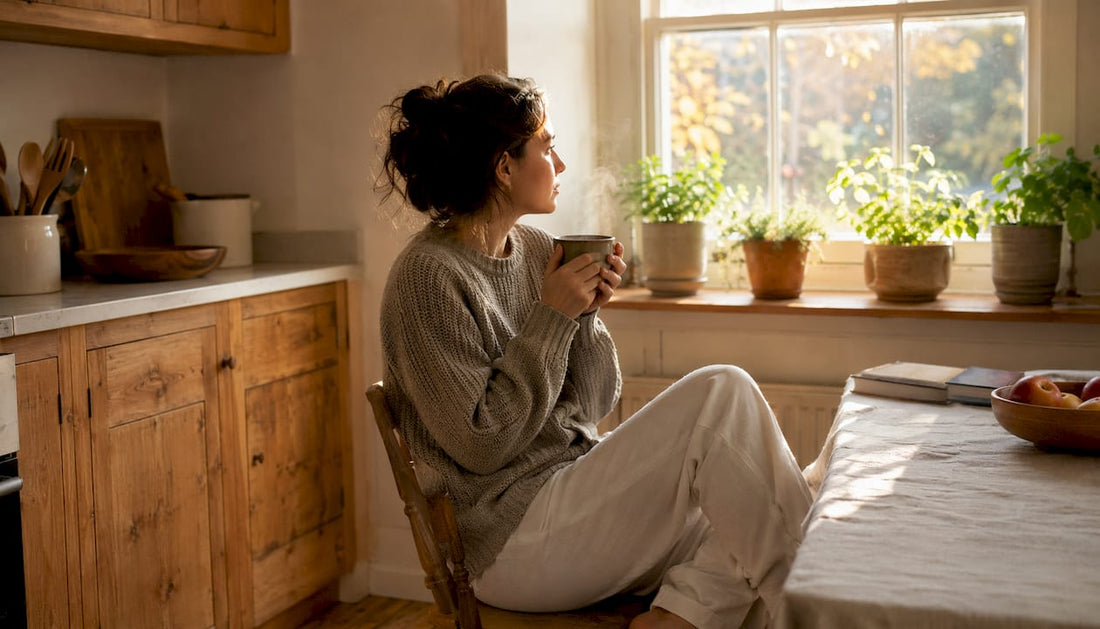 Woman enjoying warm Scandinavian living room