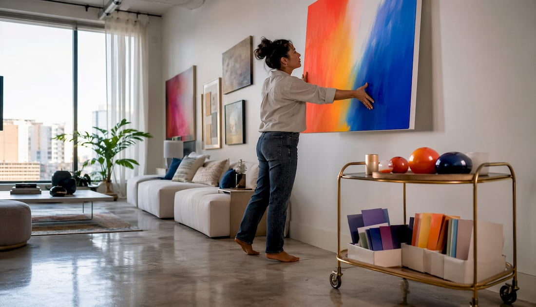 Woman positioning abstract painting in living room