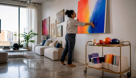 Woman positioning abstract painting in living room