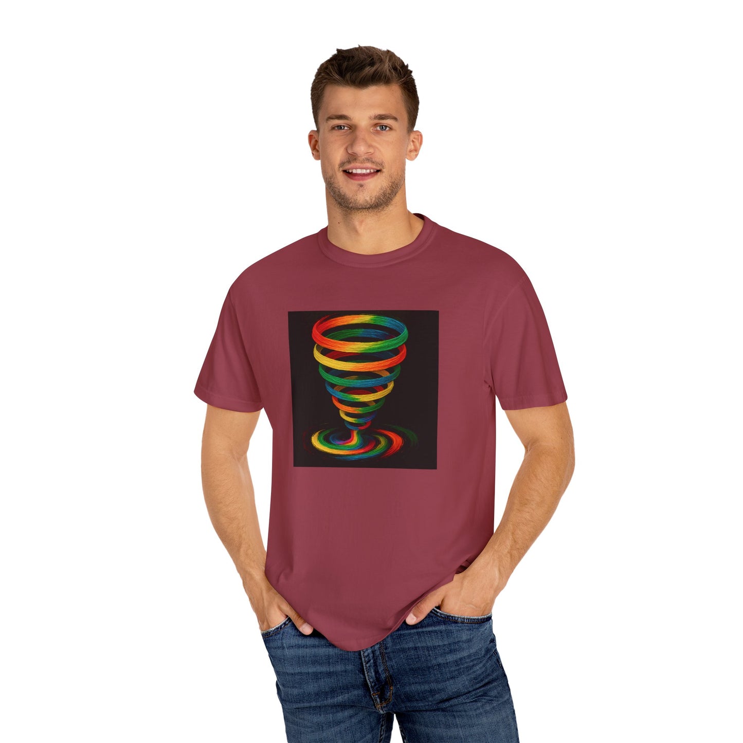 Vibrant Unisex T-Shirt with Colorful Tornado Design - Cyclone Design