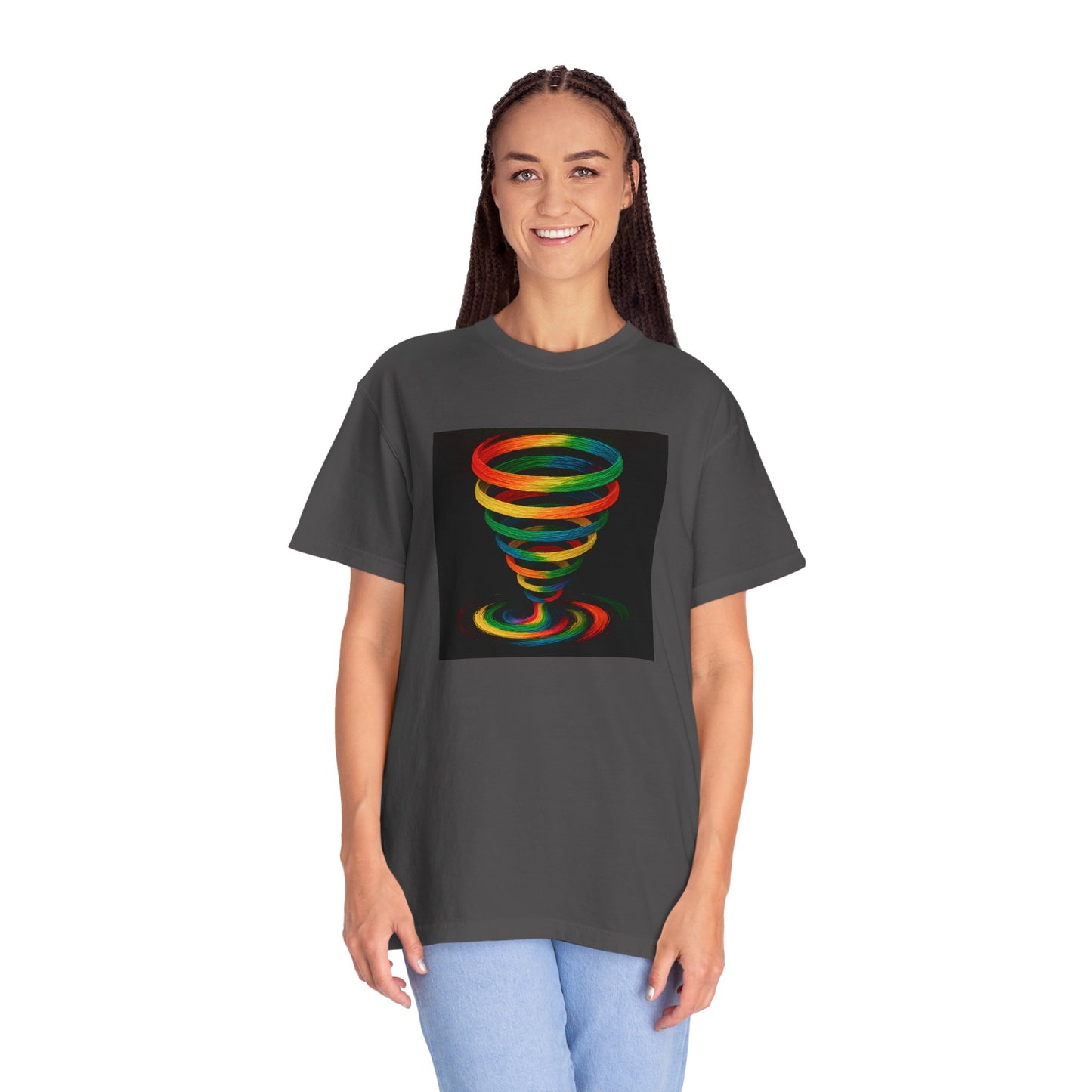 Vibrant Unisex T-Shirt with Colorful Tornado Design - Cyclone Design