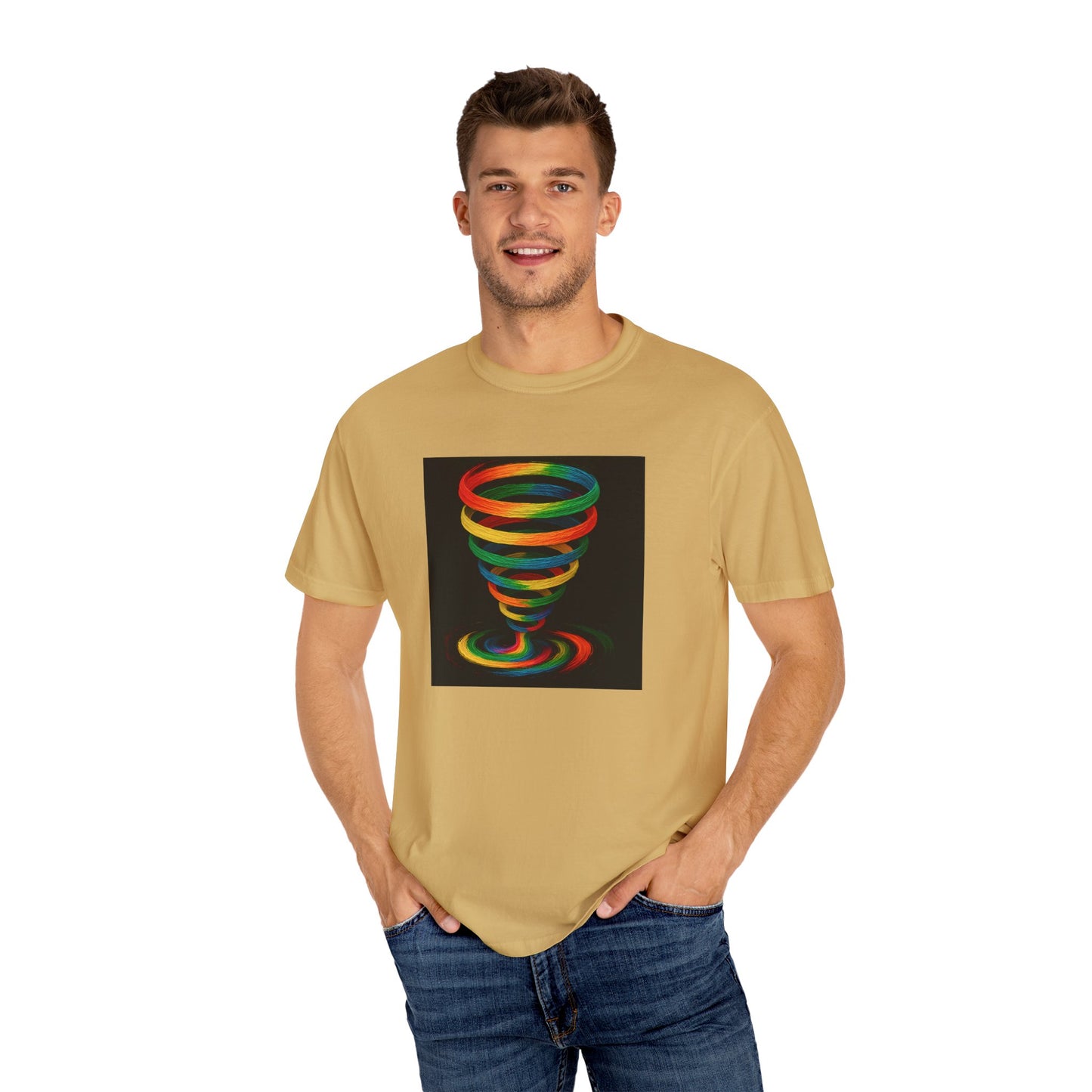 Vibrant Unisex T-Shirt with Colorful Tornado Design - Cyclone Design