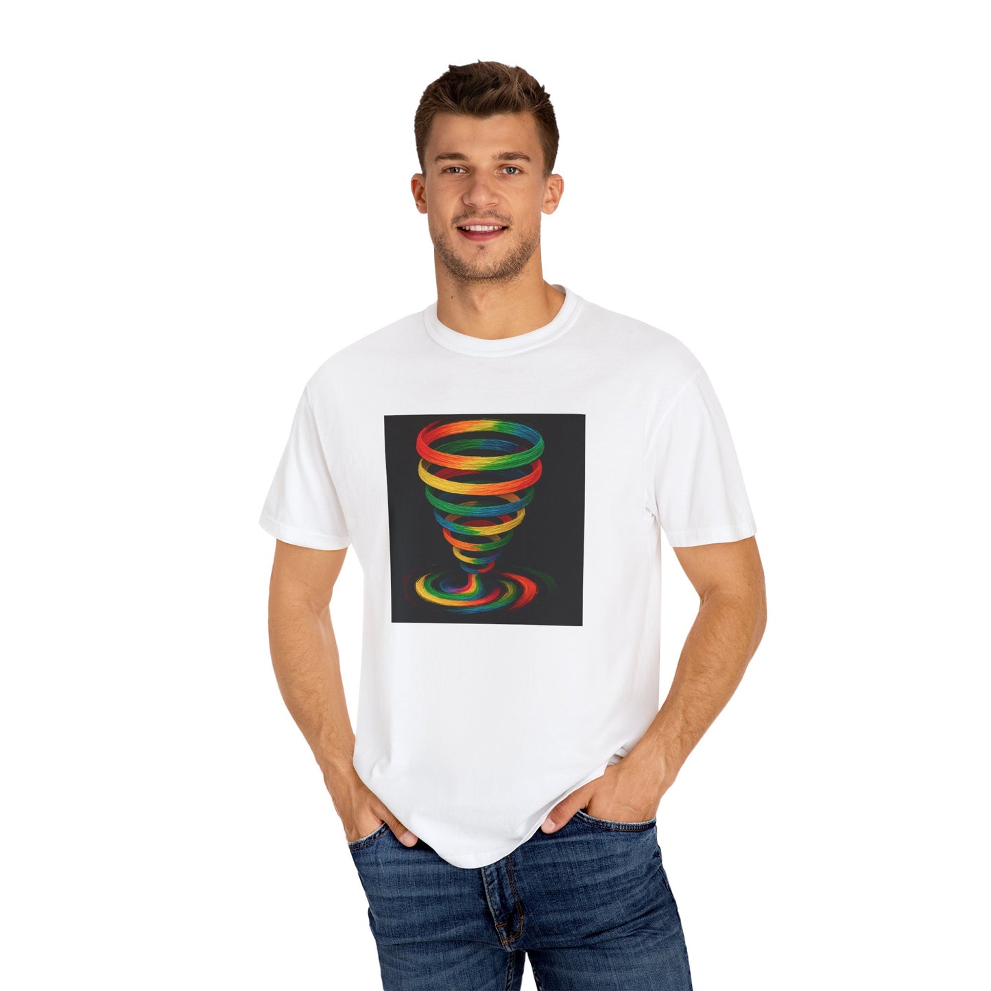 Vibrant Unisex T-Shirt with Colorful Tornado Design - Cyclone Design