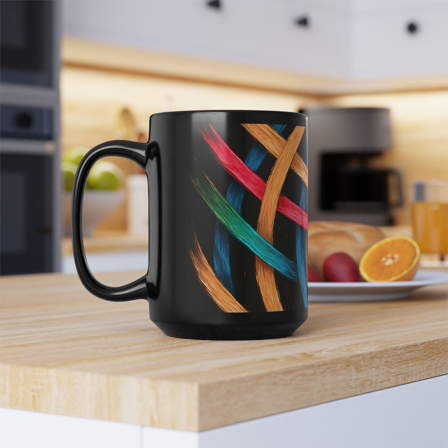Colorful Weave Black Mug, 15oz - Weave Design